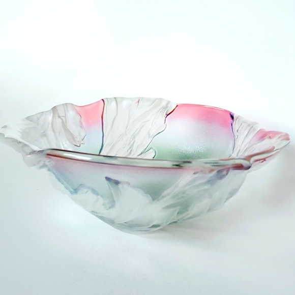 Vintage Crystal Bowl, Vtg Studio Nova, Tulip Floral Motif, Molded Matte Frosted - Picture 1 of 10